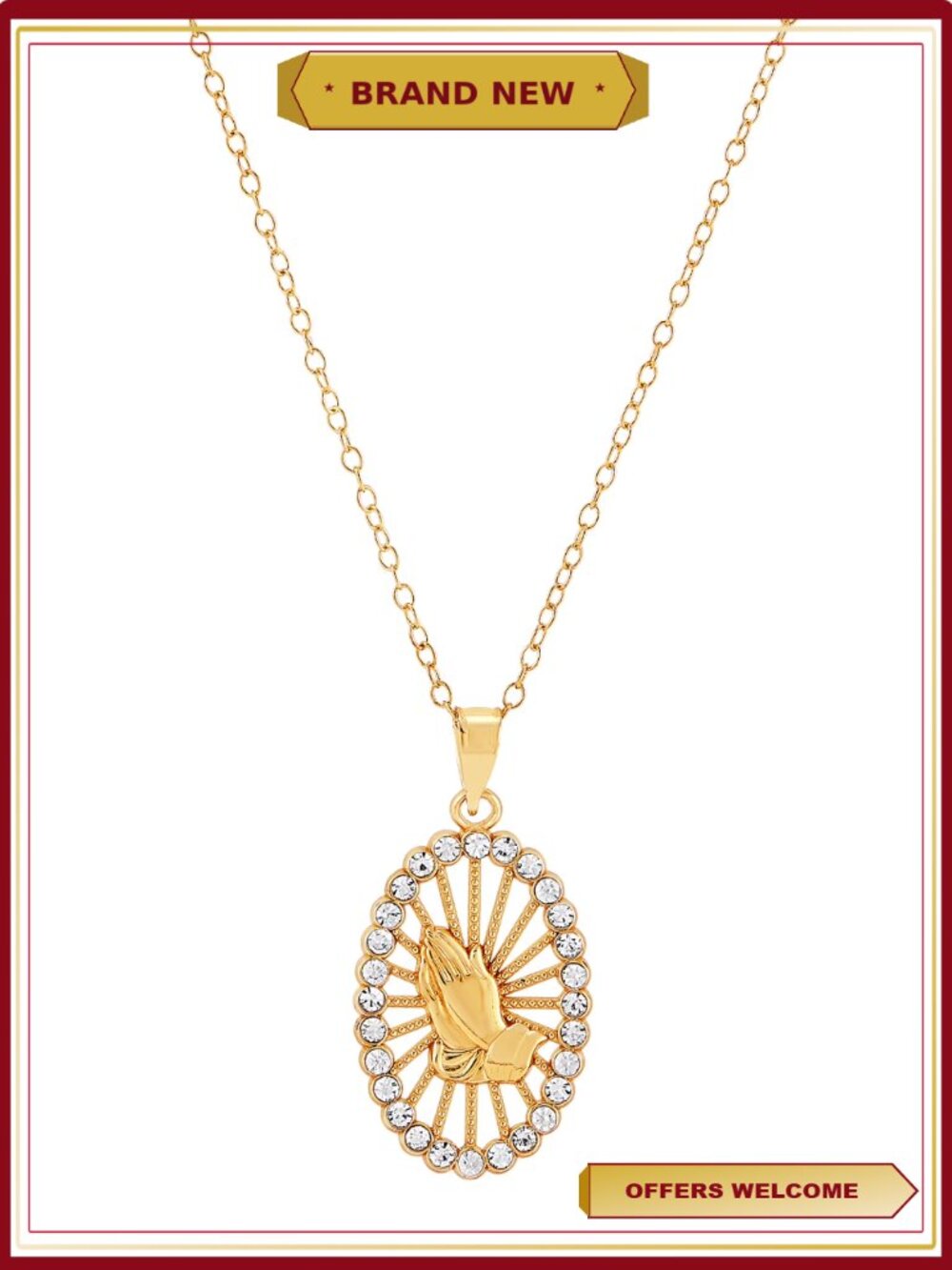 18K Gold Over Sterling Silver Oval Pendant with Crystals Necklace 18"